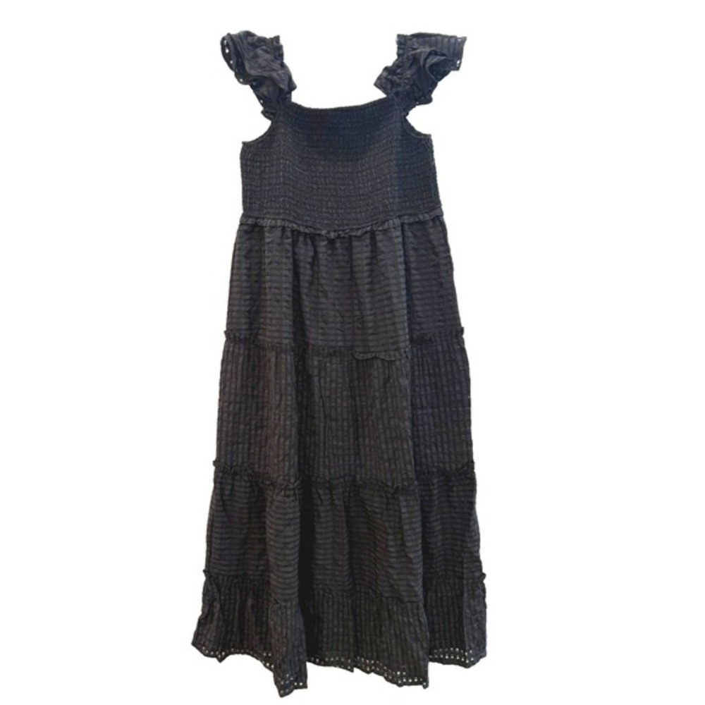 Heyson Black Smocked Tiered Maxi Dress Flutter Eyelet Hem Gingham Textured Sz 3X